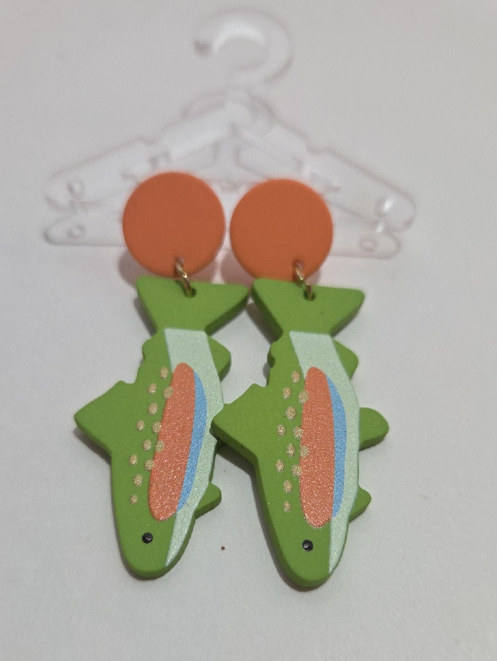 Green Fish Dangle Earrings with Orange Discs